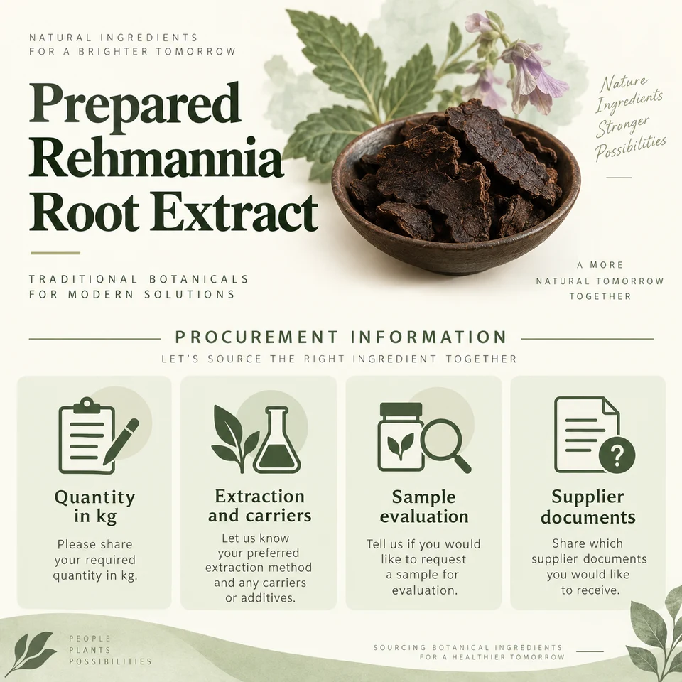 Prepared Rehmannia Root Extract procurement questions for kg quantity, extraction, samples and documents
