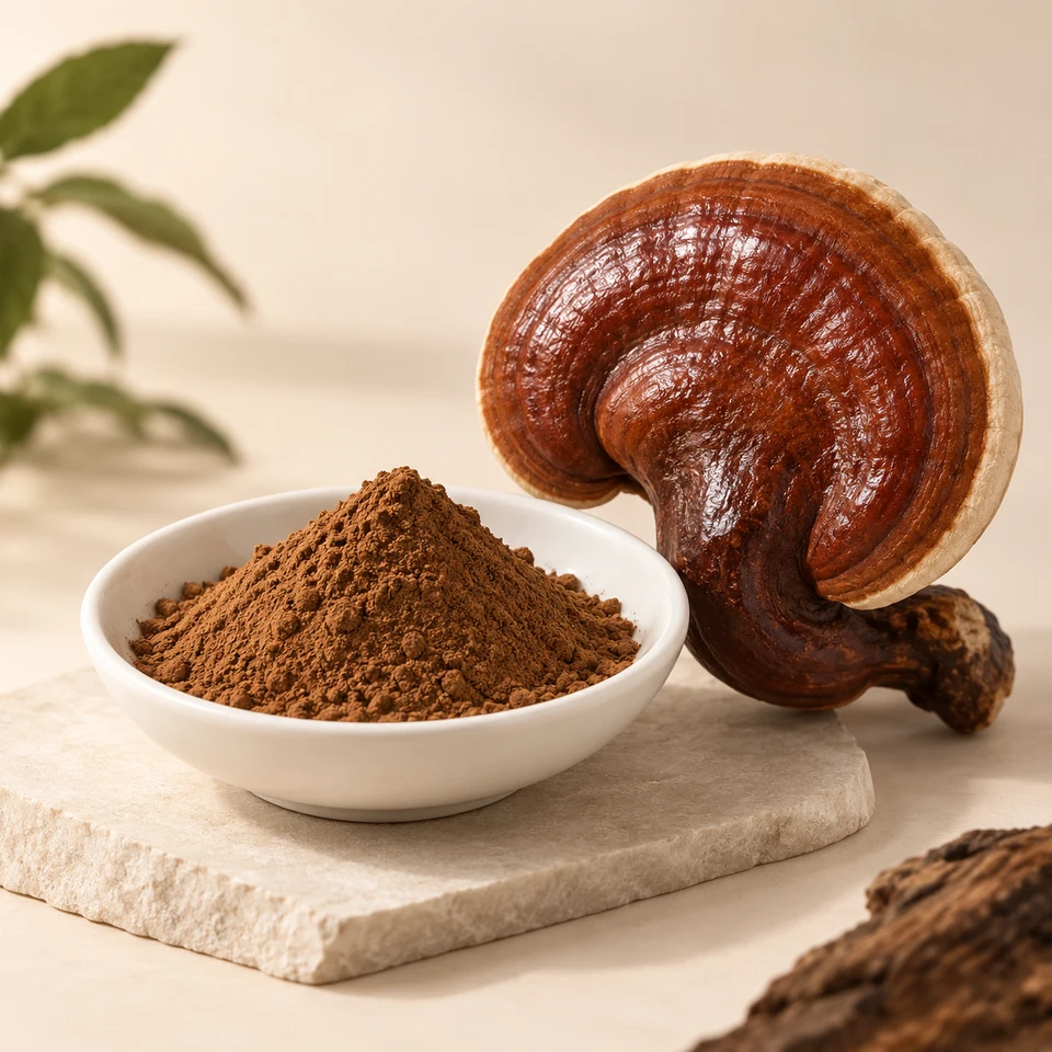Reishi Mushroom Extract powder and reishi fruiting-body marketing visual