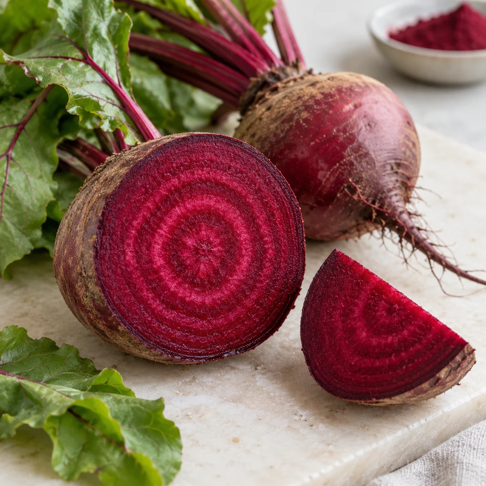 Cut red beetroot and root-source context