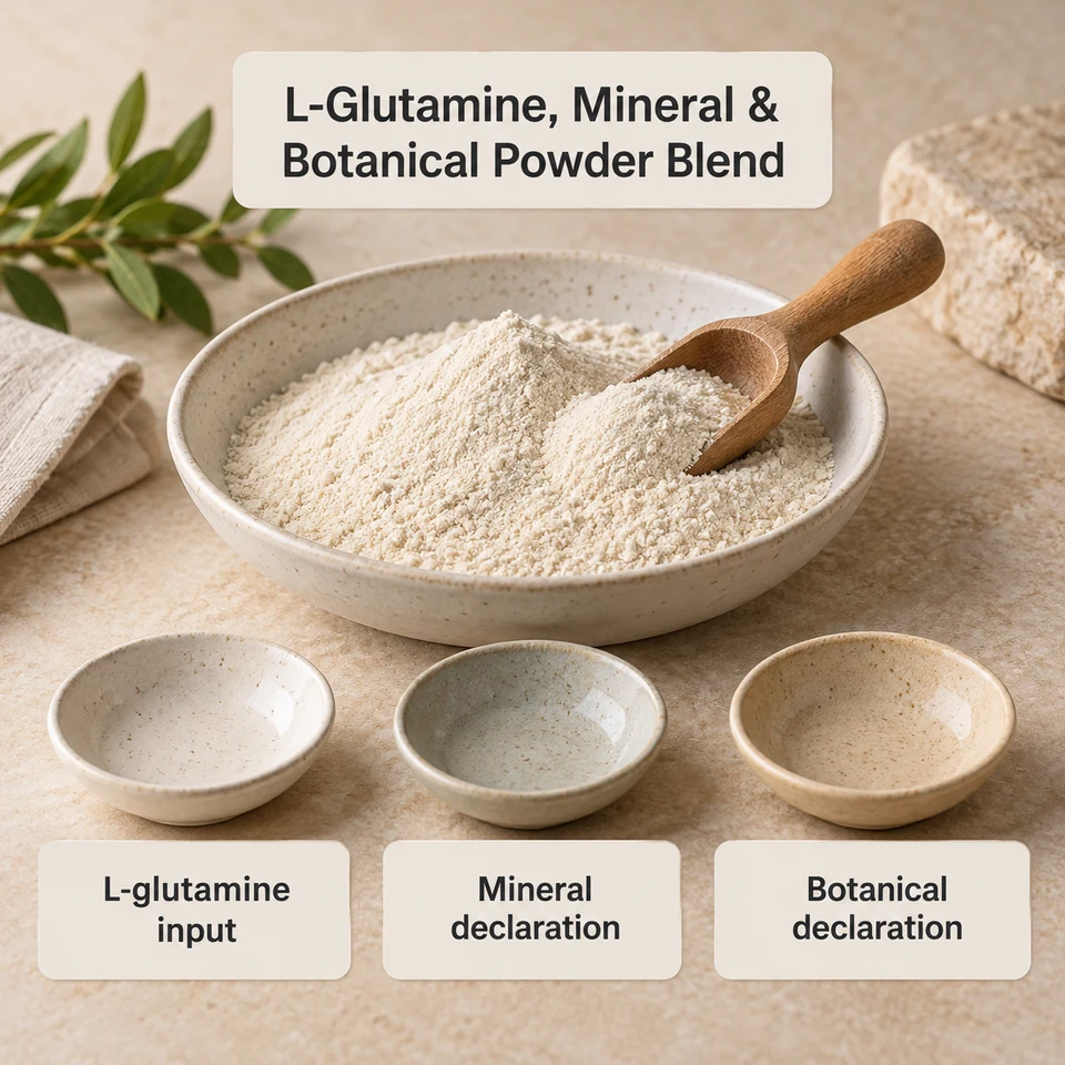 L-Glutamine, Mineral & Botanical Powder Blend identity and composition review context
