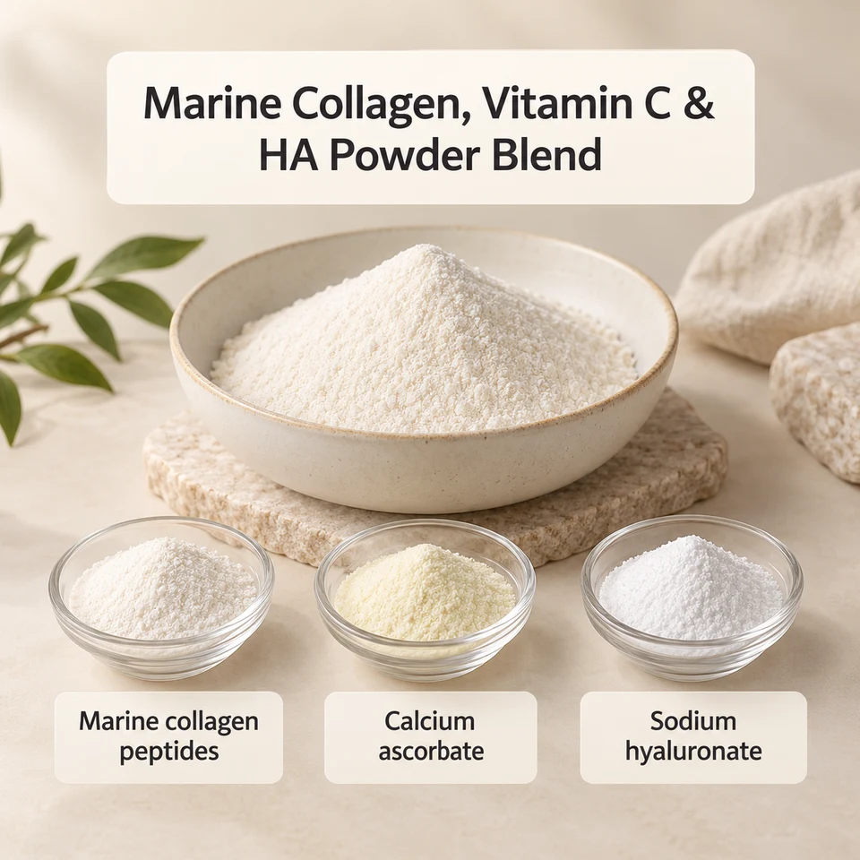 Marine Collagen, Vitamin C & HA Powder Blend identity and composition review context