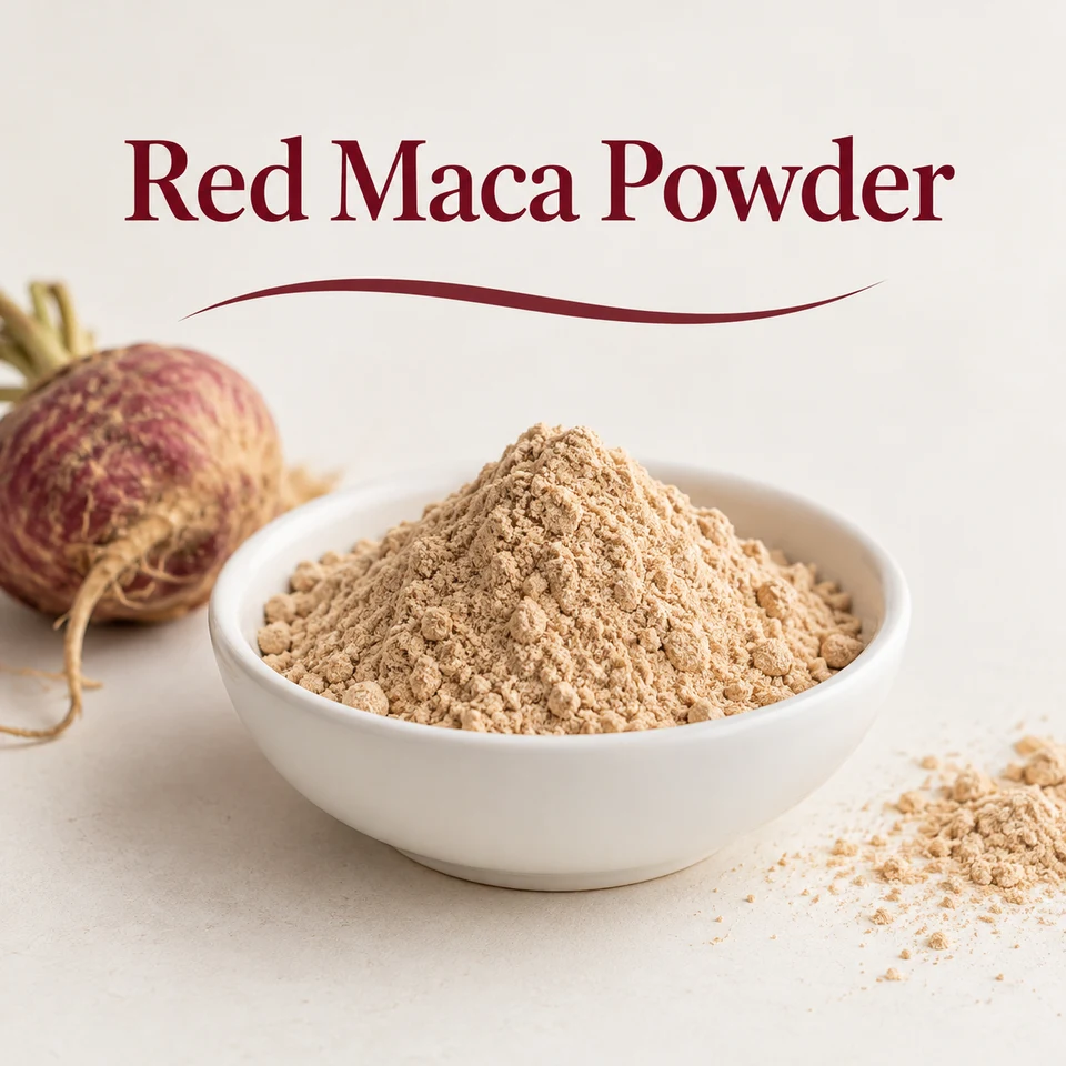 Red maca root and powder ingredient concept