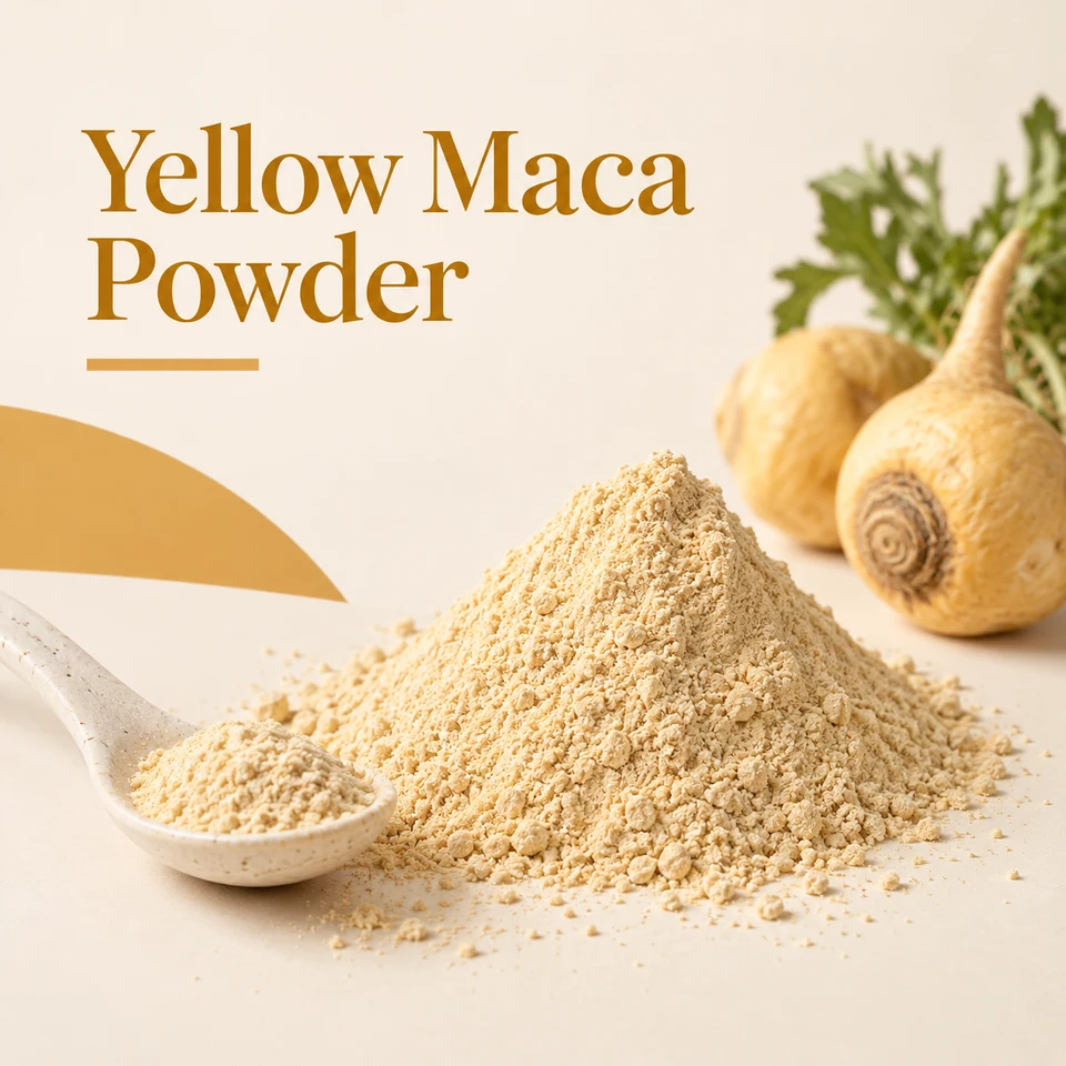 Yellow maca root and powder ingredient concept