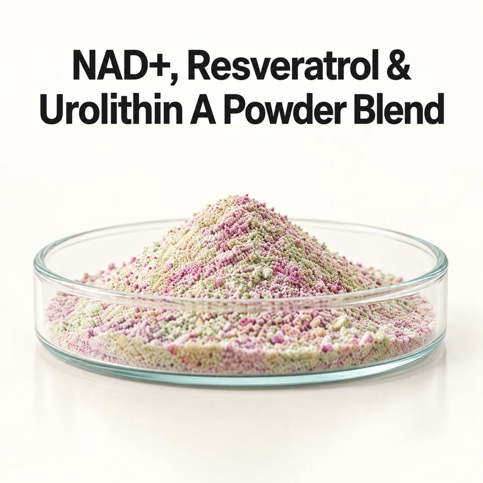 NAD+, Resveratrol & Urolithin A Powder Blend ingredient sourcing visual