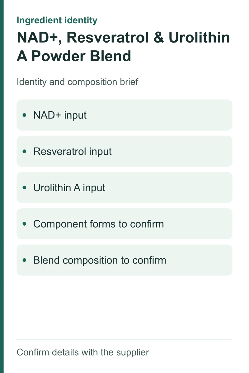 NAD+, Resveratrol & Urolithin A Powder Blend — ingredient inputs