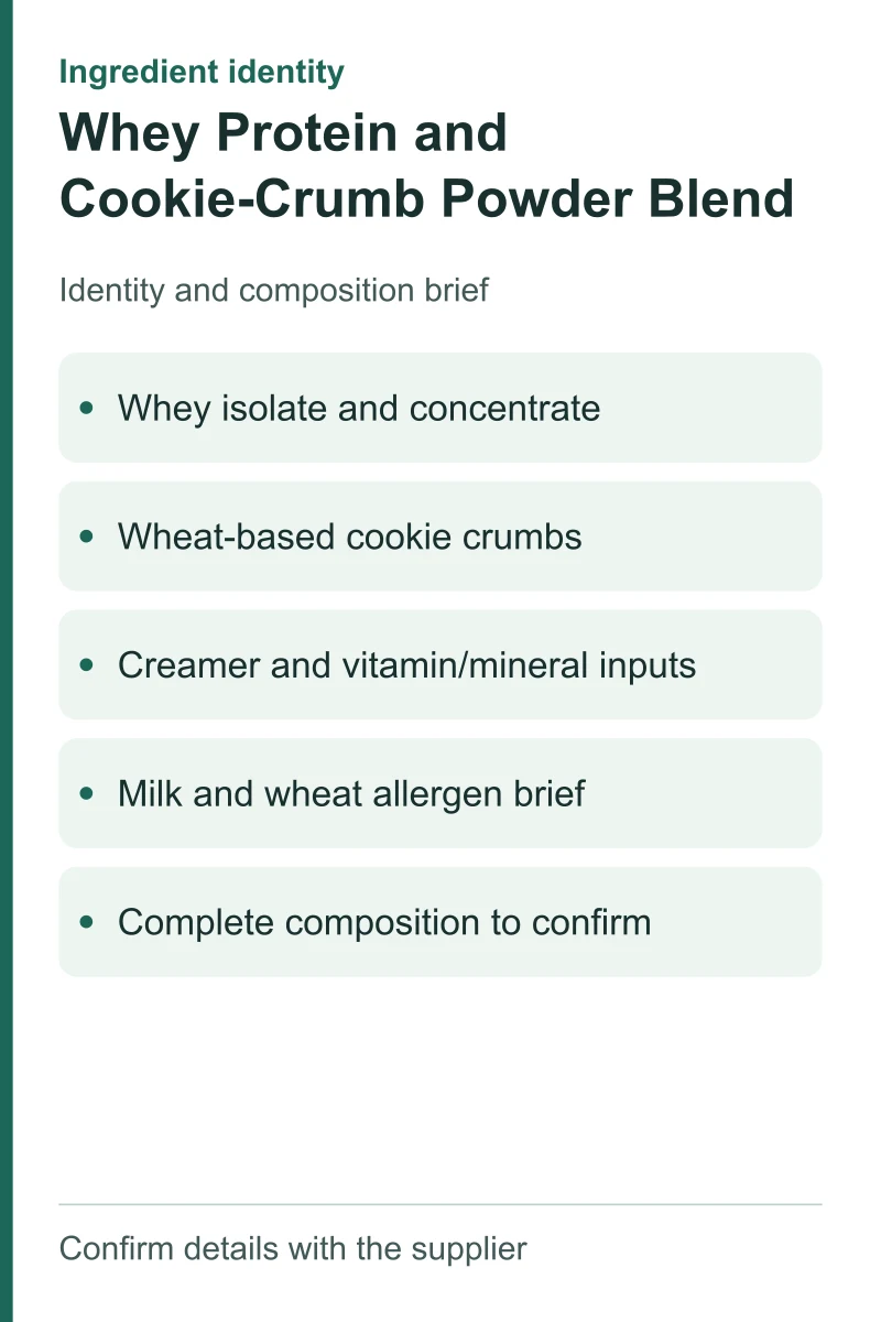 Whey Protein and Cookie-Crumb Powder Blend — ingredient inputs