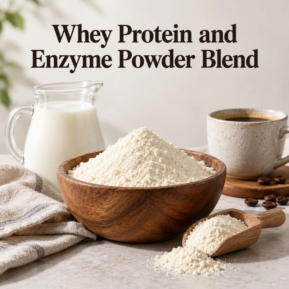 Whey Protein and Enzyme Powder Blend ingredient sourcing visual