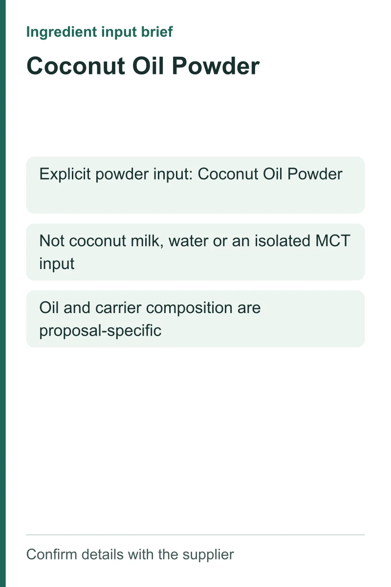 Coconut Oil Powder ingredient input brief