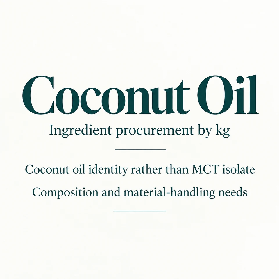 Coconut Oil ingredient identity and procurement by kg