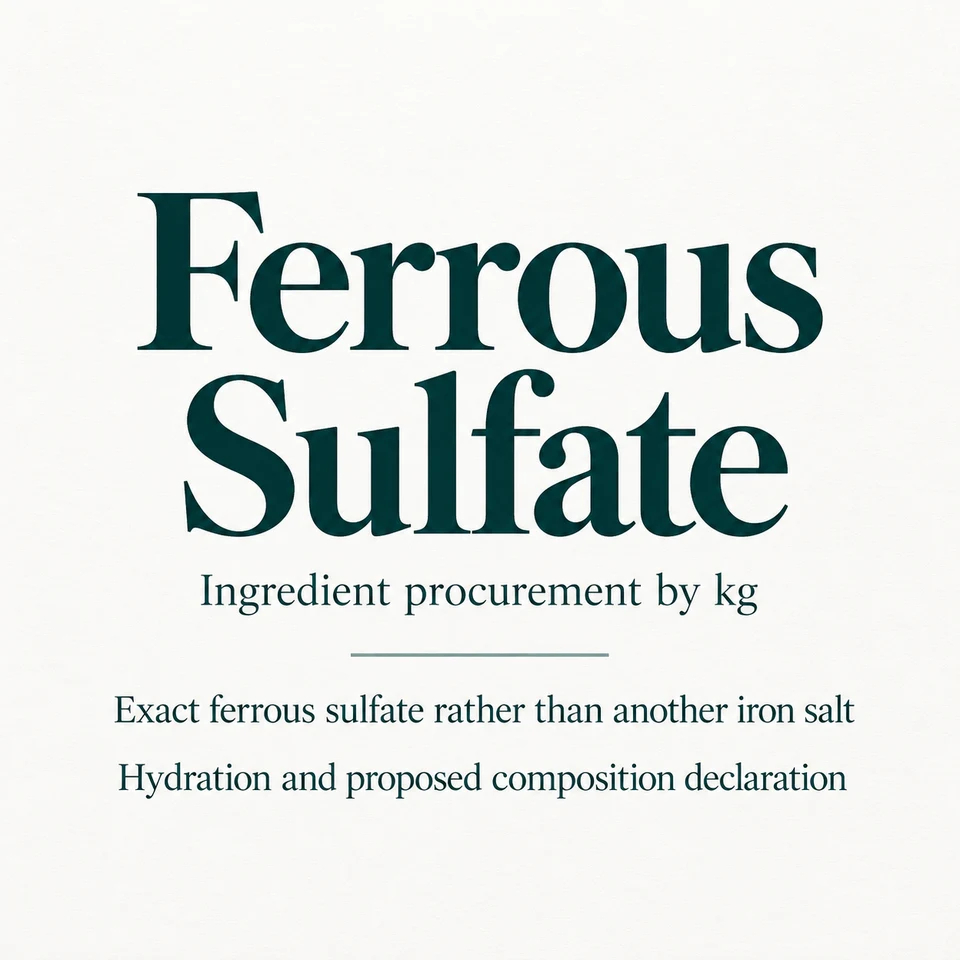 Ferrous Sulfate ingredient identity and procurement by kg