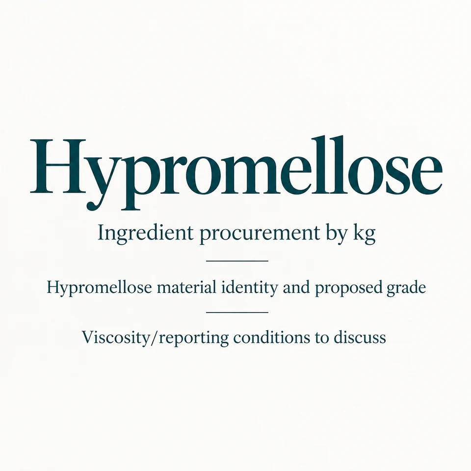 Hypromellose ingredient identity and procurement by kg