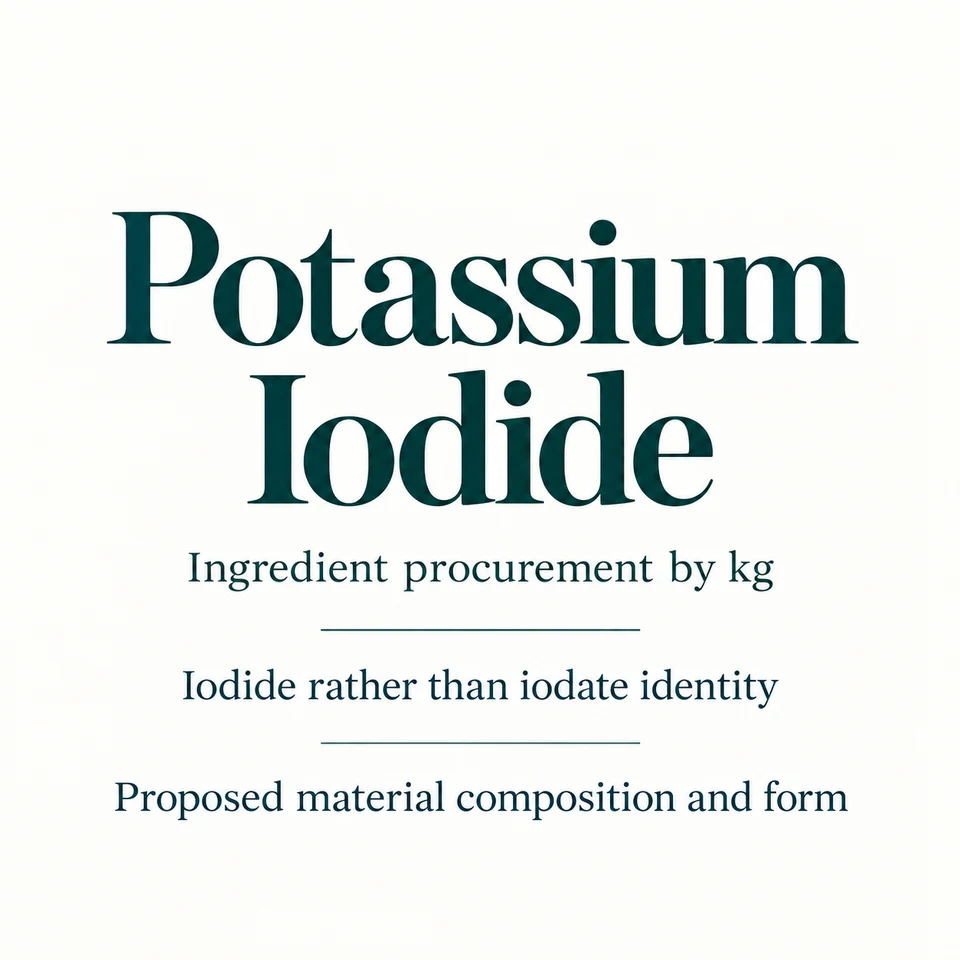Potassium Iodide ingredient identity and procurement by kg
