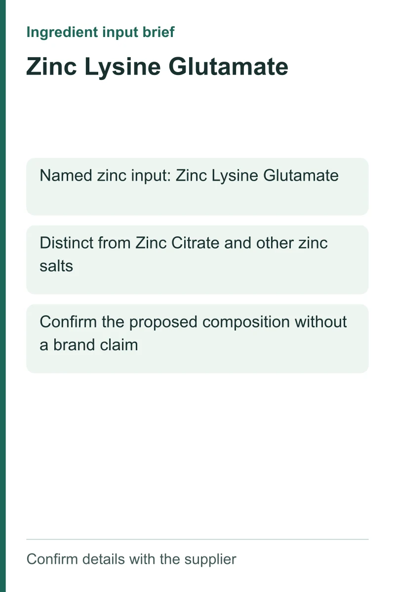 Zinc Lysine Glutamate ingredient input brief