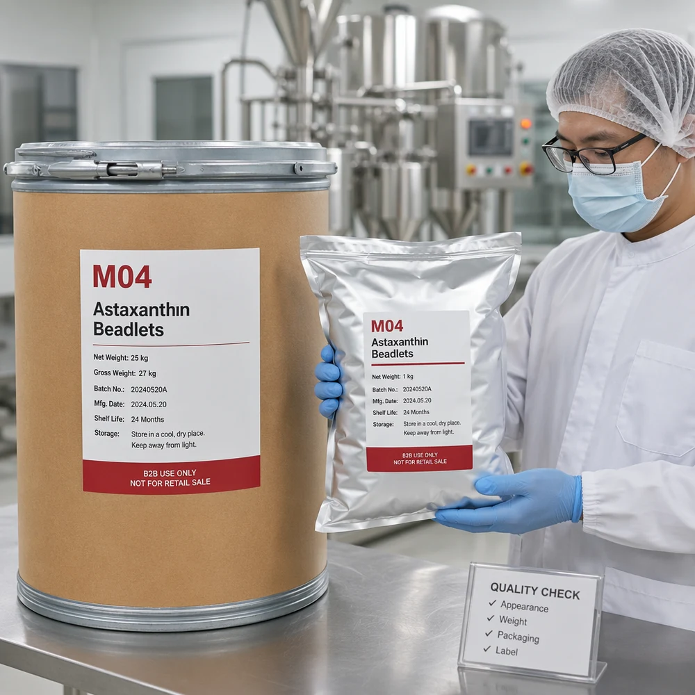 Astaxanthin 10% Microencapsulated Powder packaging and supply presentation