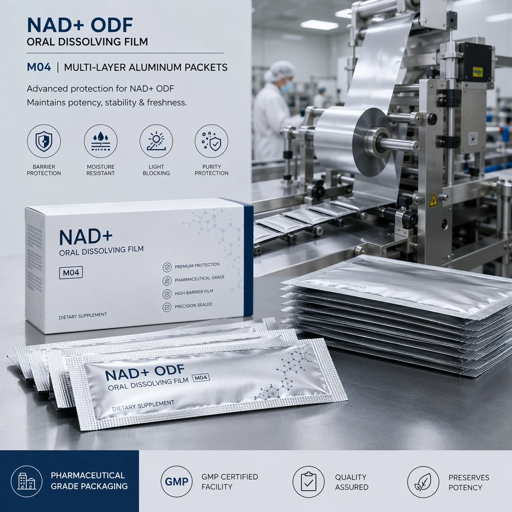 NAD+ Oral Dissolving Film packaging and supply presentation