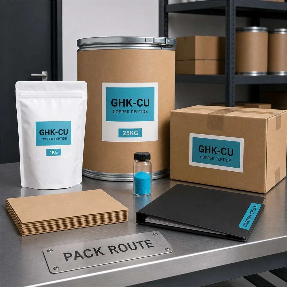 GHK-Cu Blue Copper Peptide Powder – Sample and Bulk Supply packaging and supply presentation