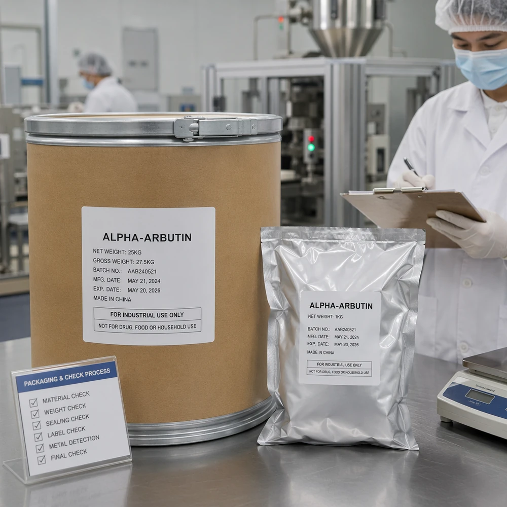 Alpha-Arbutin 99.5% High-Purity Powder for Cosmetic Formulation Projects packaging and supply presentation