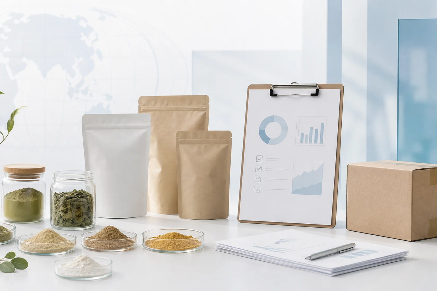 Ingredient samples, neutral packaging, document review, and international sourcing preparation